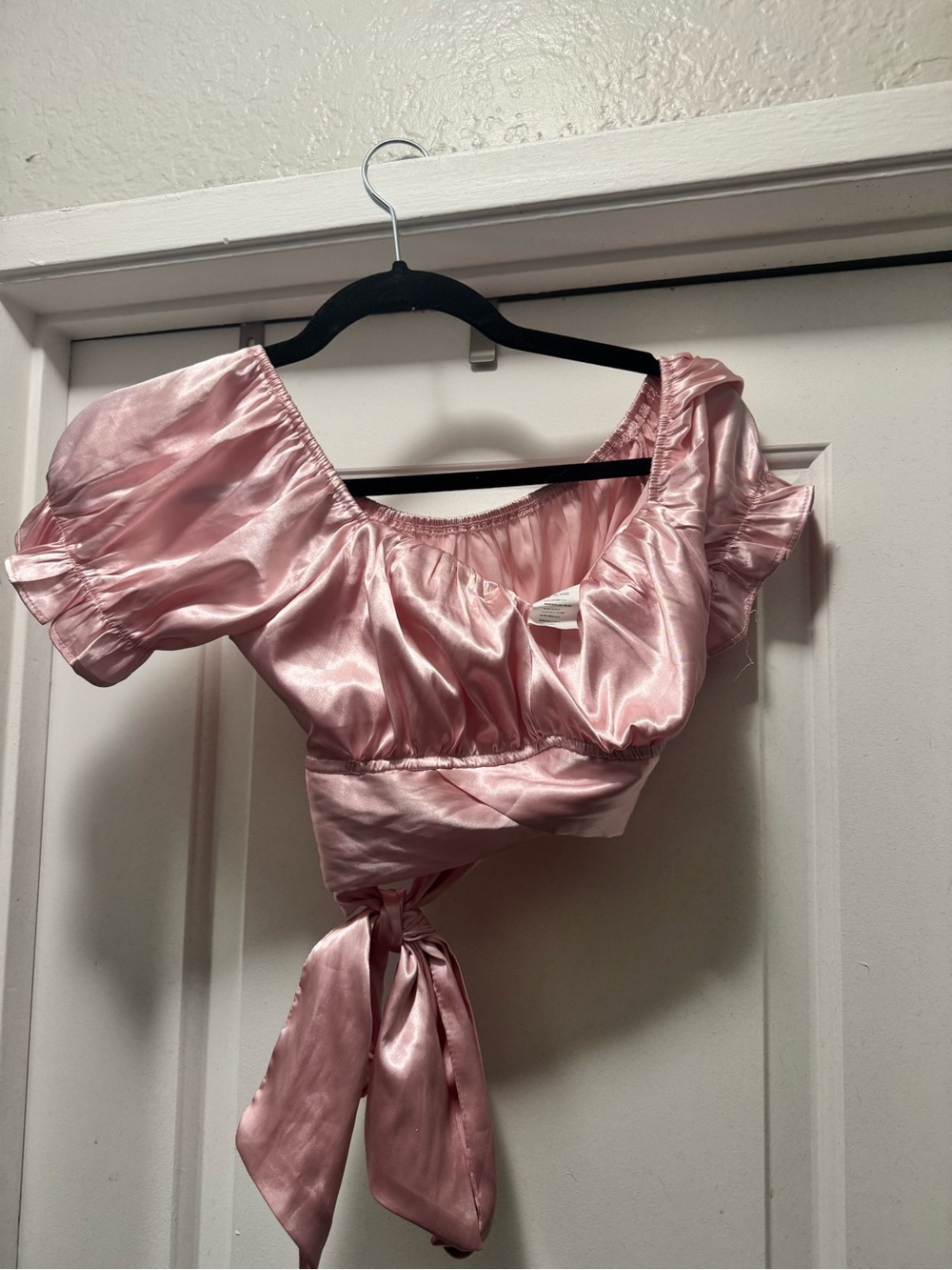 Satin Puff-Sleeve Crop Top in Blush Pink